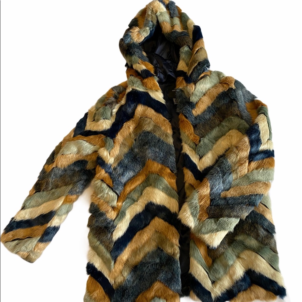 Chevron multicolor faux fur jacket.